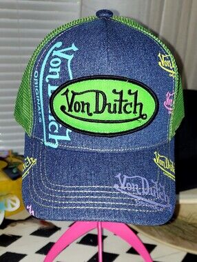 Von Dutch Denim Trucker Hat with Green Patch and Neon Logos